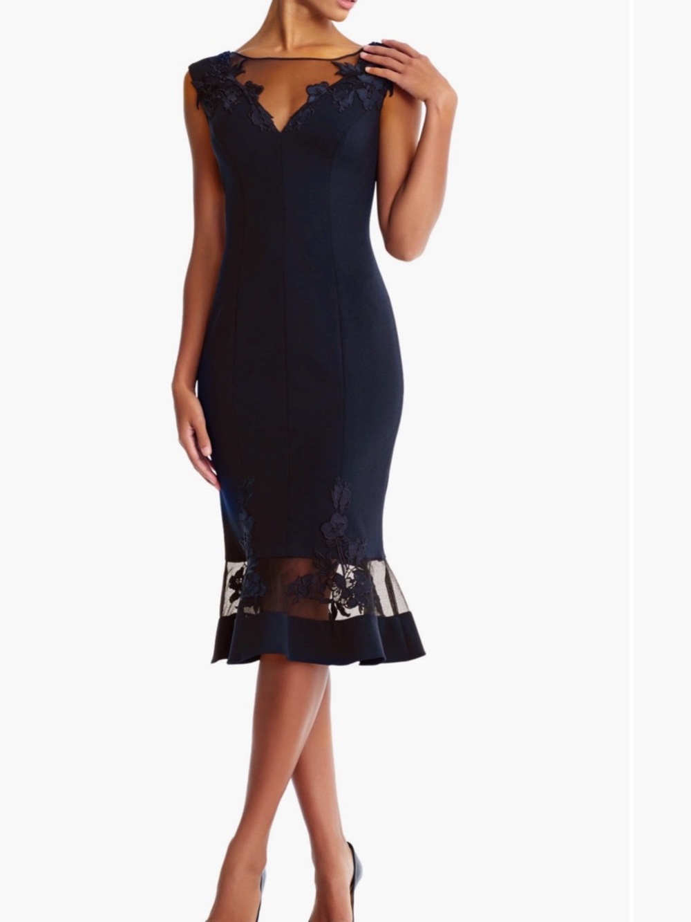 Aidan Mattox Navy Lace-Inset Midi Sheath Dress
